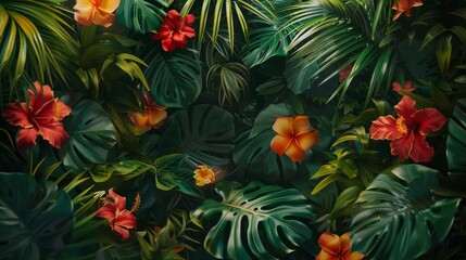 A vibrant painting of tropical flowers and lush foliage in a jungle landscape