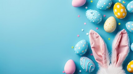 A festive Easter-themed image featuring colorful eggs, bunny ears, and a pastel blue background.