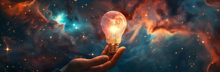 A symbolic image of innovation and inspiration, showcasing a hand holding a lightbulb that glows against a cosmic backdrop - obrazy, fototapety, plakaty