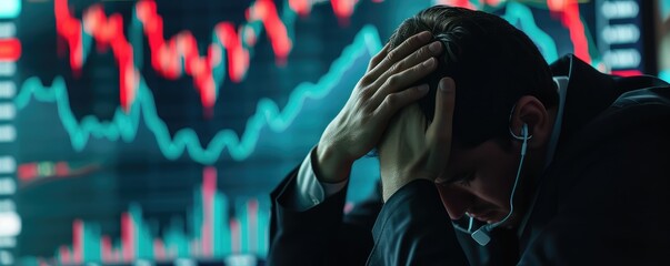 Businessman in despair amidst falling stocks