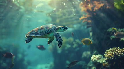 beautiful sea ocean with coral, anemones, turtles, clown fish, nemo. Deep blue sea with big whale