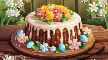 Tasty Easter cake with flowers on wooden background 