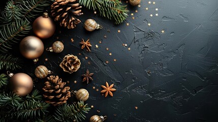 A seasonal Christmas display with a focus on festive elements and a dark background, evoking a warm and cozy atmosphere.