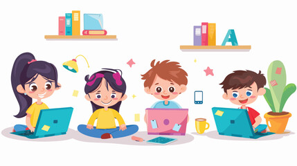 Cute little children with laptops at home. Concept of