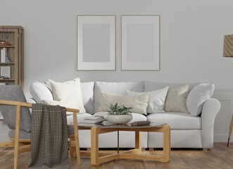 Mockup poster wood frame in empty picture living room interior scandinavian style horizontal wooden floor There is a sofa and table in illustration 3d rendering..