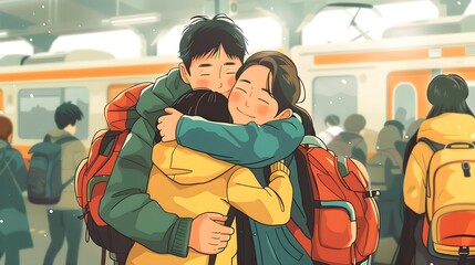 Sunny Departure: Cartoon Family Saying Goodbye at the Platform