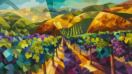 Vibrant painting of vineyard in Ecoregion with mountains in background