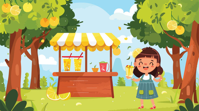 Cute little girl selling lemonade in park Vector style