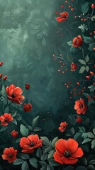 Stylish wallpaper featuring a romantic floral bouquet with poppies and red flowers, set against a dark green backdrop with a hint of blue.