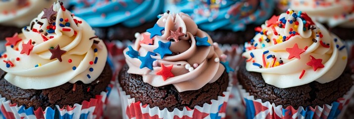 Festive 4th of july cupcakes and desserts in red, white, and blue for national day celebration
