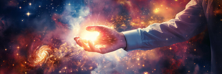 Obraz premium An outstretched hand capturing or releasing a burst of cosmic energy, set against a deep space background with stars
