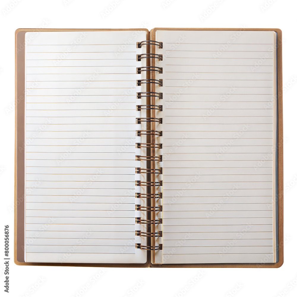 Poster open spiral notebook with lined pages on a transparent background