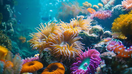 Fototapeta na wymiar beautiful sea ocean with coral, anemones, turtles, clown fish, nemo. Deep blue sea with big whale