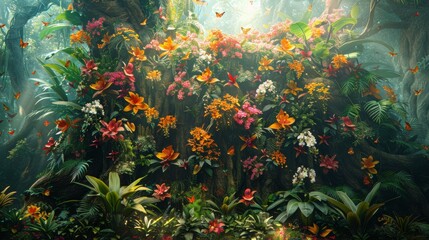 Lush tropical forest sanctuary with a vibrant tapestry of colorful orchids and fluttering butterflies