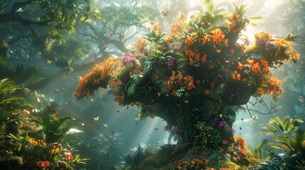 Lush tropical forest sanctuary with a vibrant tapestry of colorful orchids and fluttering butterflies