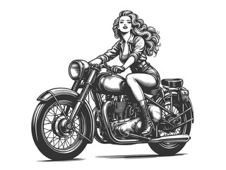 retro biker woman with flowing hair, riding classic motorcycle with focused gaze sketch engraving generative ai fictional character raster illustration. Scratch board imitation. Black and white image