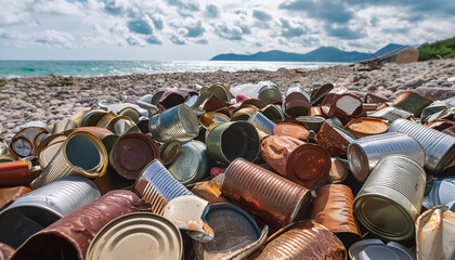 Symbolfoto, viele leere Konservendosen, teilweise zerdrückt, rostig, schmutzig, liegen am Strand, Abfall - obrazy, fototapety, plakaty