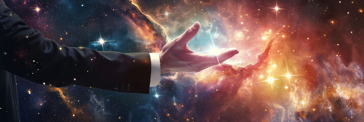A business-suited arm reaches toward a vibrant cosmic backdrop, suggesting ambition and reaching for the stars