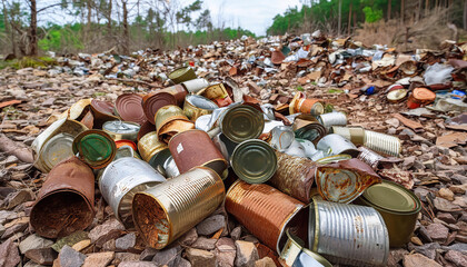 Symbolfoto, viele leere Konservendosen, teilweise zerdrückt, rostig, schmutzig, liegen in der Landschaft