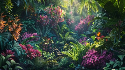 Art depicting lush tropical forest with diverse plants and flowers