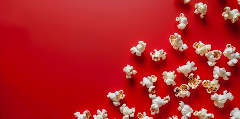 Freshly popped white popcorn scattered on a bright red background, presenting a contrast of colors.