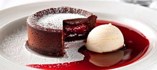 Sophisticated chocolate lava cake with vanilla ice cream on minimalist background