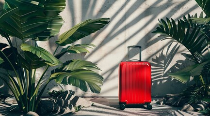 A mockup of light red travel suitcase standing on floor with palm trees and leaves as decoration with a big space for text or product advertisement background, Generative AI.