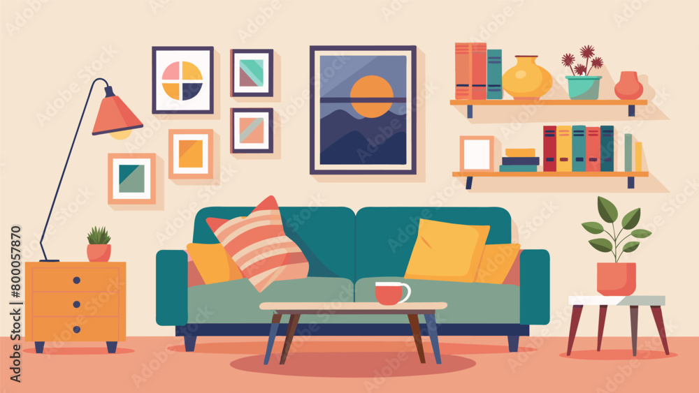 Poster a tidy living room with neatly arranged throw pillows and a carefully curated gallery wall creating 