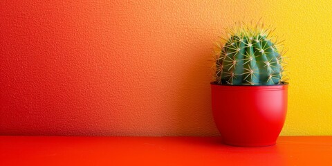 Vibrant cactus in a red pot contrasts with a bright yellow and orange textured background.