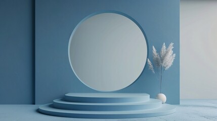 Realistic 3D blue and white cylinder pedestal podium with blue curtain in arch shape window background. Abstract minimal scene for products stage showcase, Promotion display. Vector geometric form.