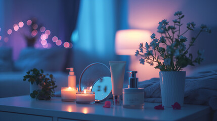 Skincare products on a table with candles on. A serene image capturing the tranquillity of a nighttime skincare routine
