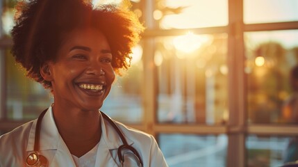 A joyful African-American female doctor with a stethoscope in a sunlit clinic at golden hour.