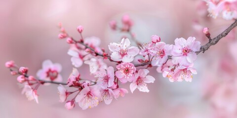 Delicate pink cherry blossoms in full bloom against a soft focus background.