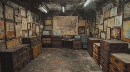 Vintage underground bunker office filled with historical artifacts and old technology