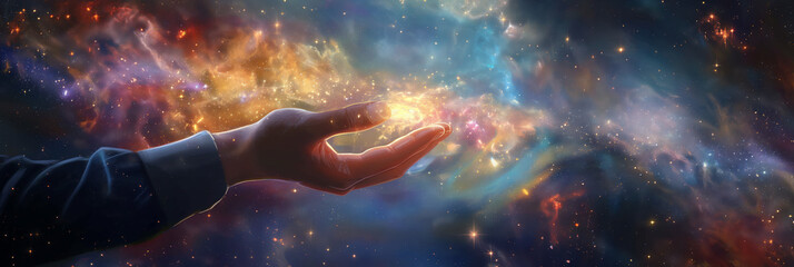 A calm hand is seen with a concentration of cosmic energy against a backdrop of a colorful, starry sky