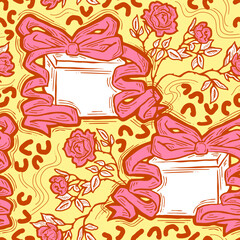 Gift box, ribbon and flowers seamless vector pattern for wrapping present with bow, party celebration, sale promotion, Textile print, fabric design, banner background. Hand drawn style illustration.