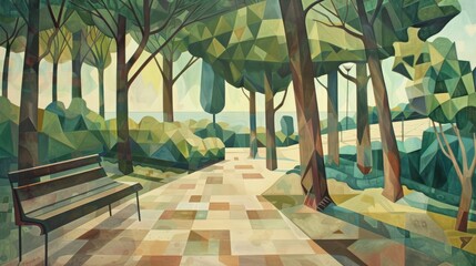 Artwork featuring a park with a bench, trees, and green grass