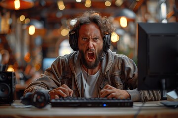 Obraz premium An angry commentator sits at a computer and writes anger, comments in internet or make angry review.