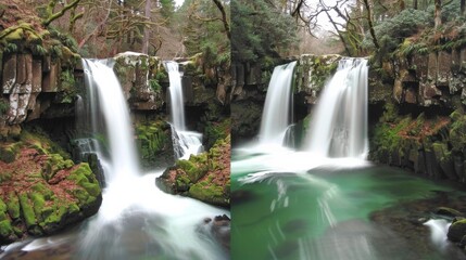 Fototapeta na wymiar Twin waterfalls in a serene forest setting, a majestic display of natural beauty