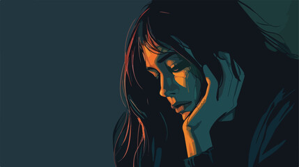 Depressed young woman on dark background Vectot style