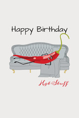 Funny Birthday Card  with Red Pepper on Couch. Birthday party, celebration, holiday, event, festive, congratulations concept. Vector illustration.