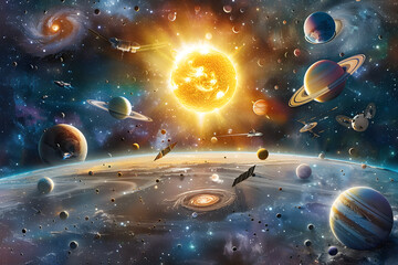 A detailed artistic representation of the solar system complete with planets, the sun, asteroid...