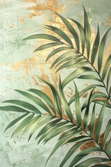 Panel wall art with palm leaves, light green and gold colors, reminiscent of an Asian artist.