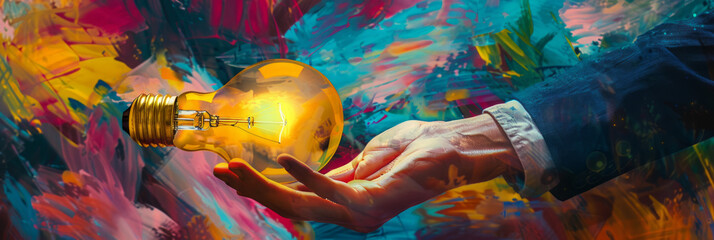 A vibrant blend of colors forms a backdrop to a hand holding a lit incandescent bulb, suggesting creativity and innovation