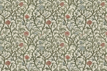 Toile floral pattern tapestry. Arts and Crafts. Vintage botanical wallpaper pattern. Background image. Created with Generative AI technology