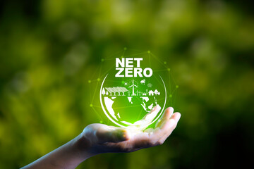 Net zero, carbon neutrality concept. Net zero icon at on hand green blur background. Green Energy Renewable Sustainable ( ESG ). Net zero emission Idea innovative. carbon neutrality in 2050.