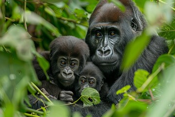 A family of gorillas nestled together in the lush greenery of their natural habitat