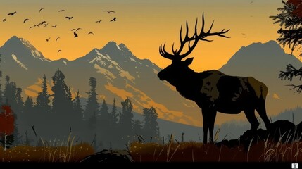 Majestic elk silhouette against a vibrant sunset sky in a wild landscape