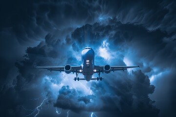 Passenger plane facing thunderstorm with vivid lightning