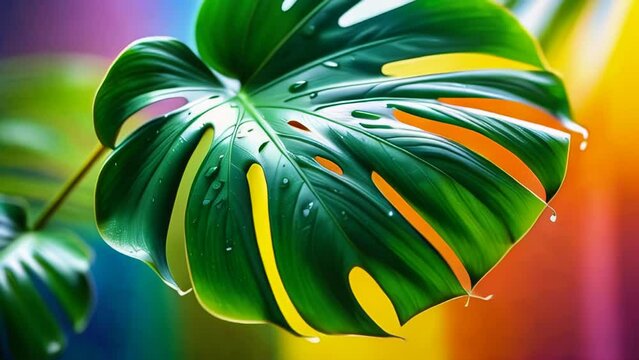 Modern artistic video wallpapers in the shape of monstera leaves. Summer colors, botanical tropical leaves and floral pattern for the summer sale banner